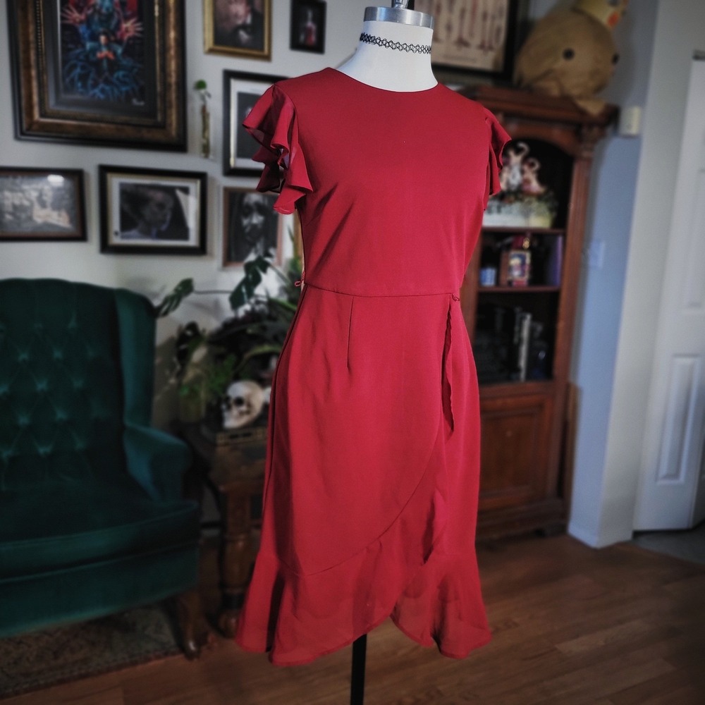 Shelby &‎ Palme Midi Dress Red Flutter Sleeve Tulip Hem Faux Wrap Sheath Size 6